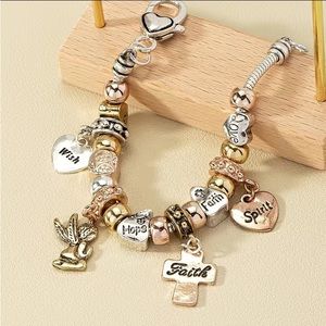 NEW Snake Chain Beaded Bracelet Cross & Love Heart Charms Attached Randomly